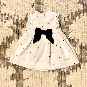 Janie & Jack 0-3 mo - White Dress with Navy & Yellow Embroidered Dots & Navy Bow